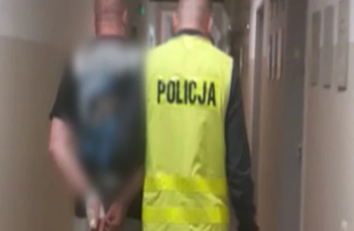 {Policjanci zatrzymali kibica, który rzucił racę na murawę stadionu.}